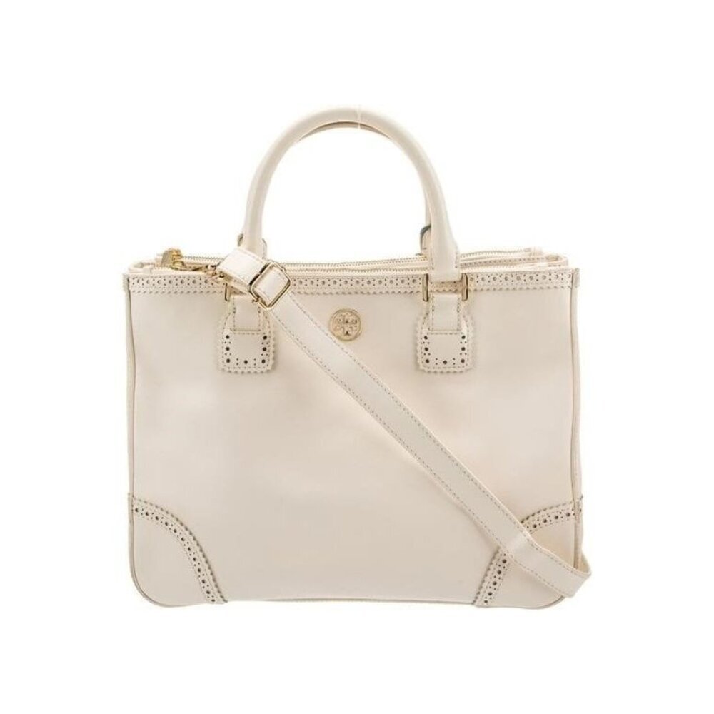 Tory Burch Cream Leather Laser-Cut Tote Bag Snap Top Handle Shoulder Purse